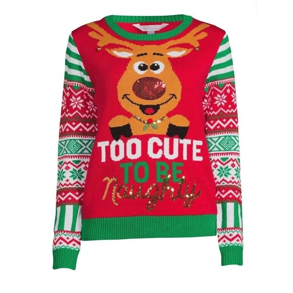 Christmas Sweater Junior Size Medium TOO CUTE TO BE NAUGHTY Reindeer With Bells - Picture 1 of 8